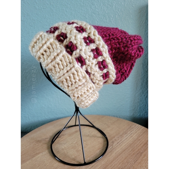 Two-Tone Waffle-Base Knit Beanie - Burgundy/Cream (Handmade) - Picture 2 of 11